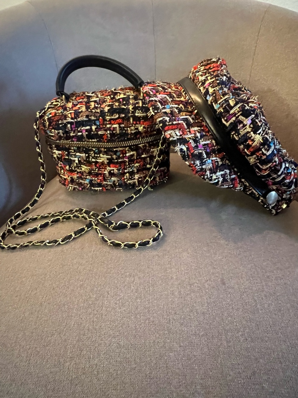 Tweed Crossbody Bag with Matching Cap - Black Multi